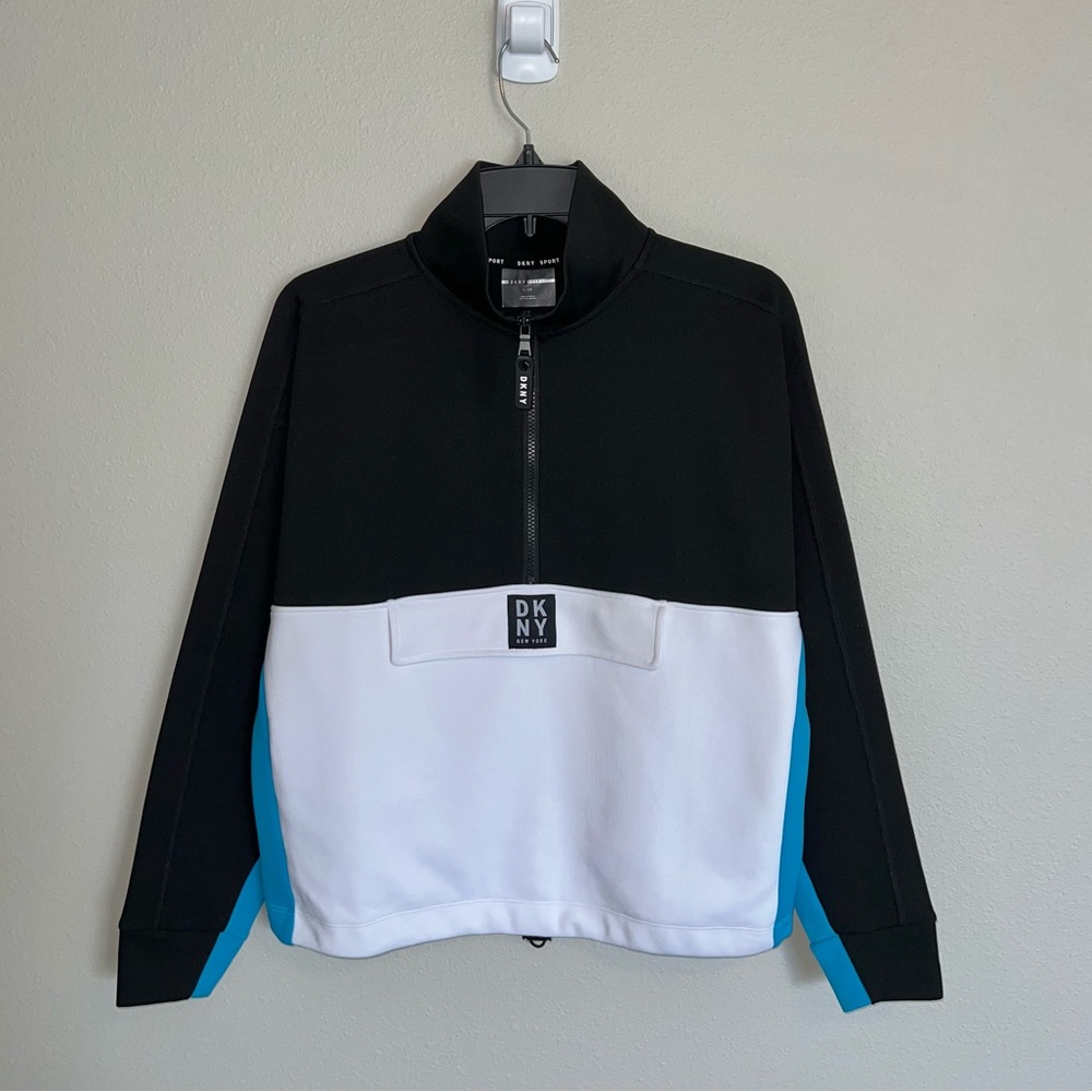 DKNY Sport Pullover 1/2 Zip Up Color Block Sweatshirt Blue Black Size Small NWOT